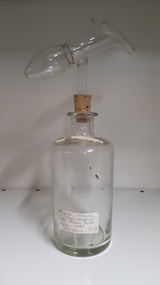 Glass bottle with cork stopper and glass measuring device attached above