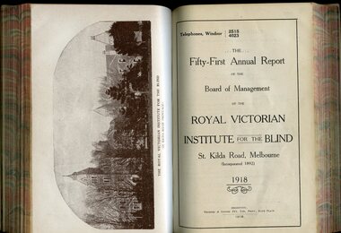 Front image of St Kilda Road building and first page of annual report