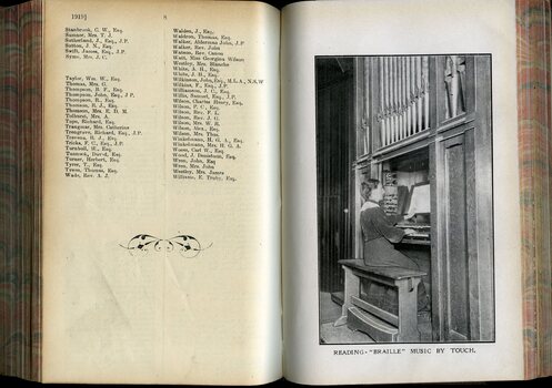 List of Life Governors and picture of woman playing the organ with caption 'Reading Braille music by touch'