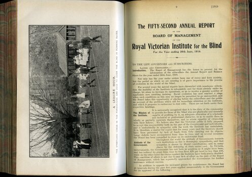Picture of children using string lines to race with caption 'The Leisure Hour: the stretched cords in the foreground are used to guide the blind in running races' and first page of Board of Management report