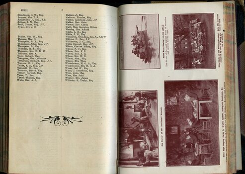 List of Life Governors and pictures of blind children rowing, touching items in the RVIB's museum room, playing cards and on the merry go-round
