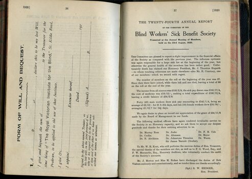 Form of Bequest and Blind Workers' Sick Benefit Society