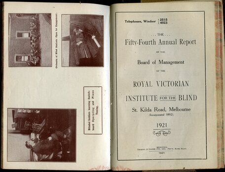Pictures of blind men at switchboard and piano and student orchestra and first page of report