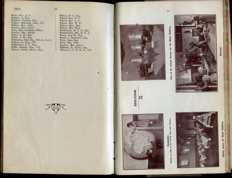 List of Life Governors and pictures of students touching a tactile globe, in the dining, sitting and museum room at Institute