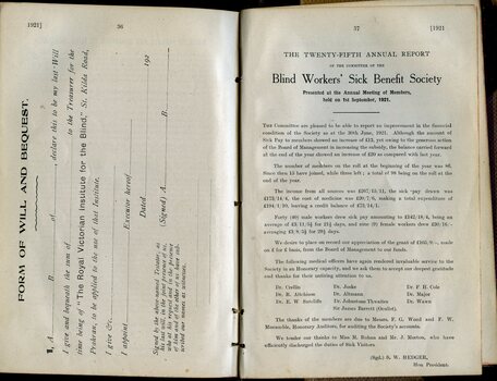 Form of Bequest and Blind Workers' Sick Benefit Society