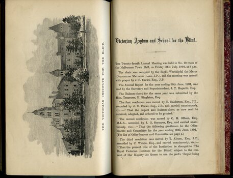 Drawing of the St Kilda Road building and first page of Annual General Meeting minutes