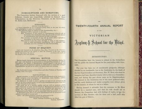 Subscription and Donation information and first page of Board of Management report