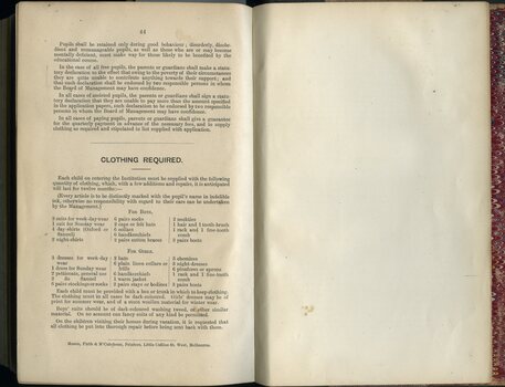 Information about the institution and a list of clothing required by each child