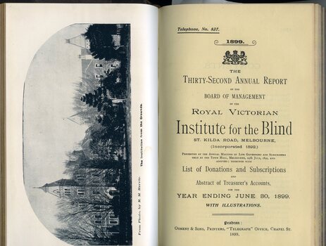 Front title page of report and illustration of RVIB Building from St Kilda Road