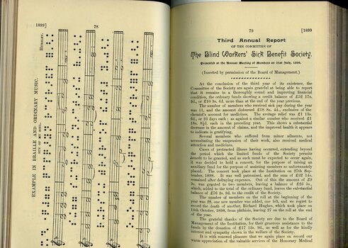 Example of printed and brailed musical score and Annual report of the Blind Workers' Sick Benefit Society
