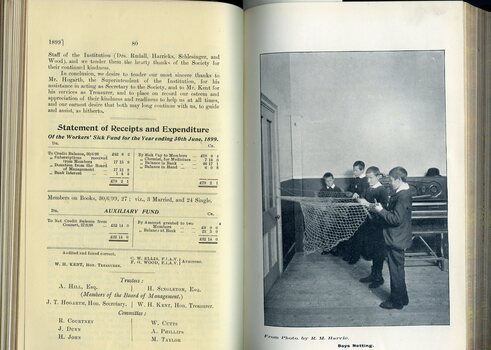 Annual report of the Blind Workers' Sick Benefit Society and photo of boys working on nets