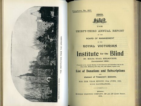 Front page of report and illustration of building from St Kilda Road