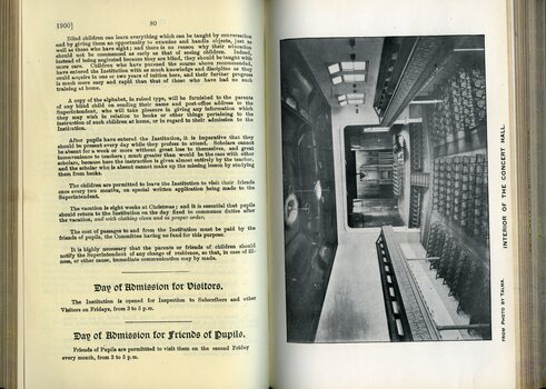 General information relating to the instruction of blind pupils and admission and photo of the interior of Ormond Hall