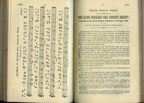 Example of printed and brailed musical score and Annual report of the Blind Workers' Sick Benefit Society
