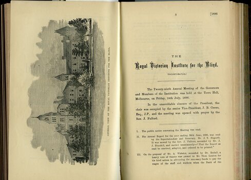 Illustration of the St Kilda Road building and minutes of the annual general meeting
