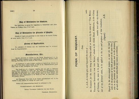 Day of Admission information for friends and visitors, Forms of application, Goods manufactured, Form of Bequest