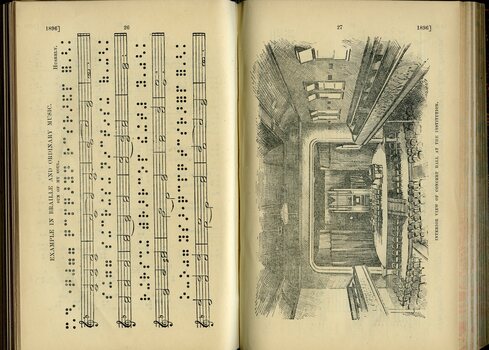 Music Braille notation on a piece of music and illustration of interior of hall