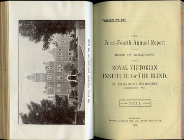 Illustration of St Kilda Road Building and front page of annual report for the RVIB