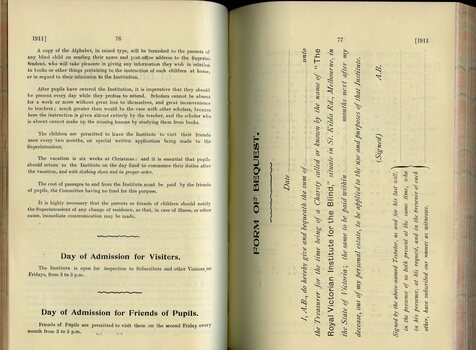 Hints to Parents and Guardians of Blind Children, Day of Admission for Visitors and Friends and Form of Bequest