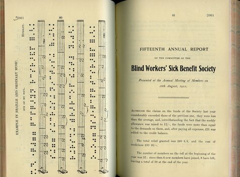 Example of printed and brailed musical score and Annual report of the Blind Workers' Sick Benefit Society