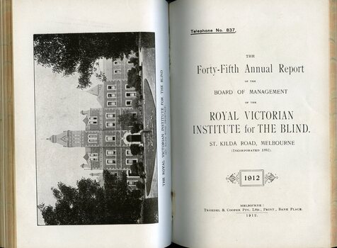 Picture of St Kilda Road Building and front page of annual report for the RVIB