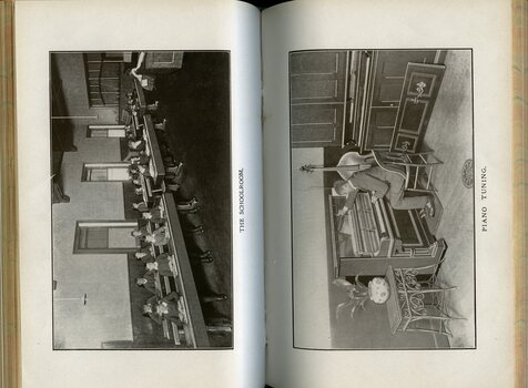 Photographs of the school room and a man tuning a piano