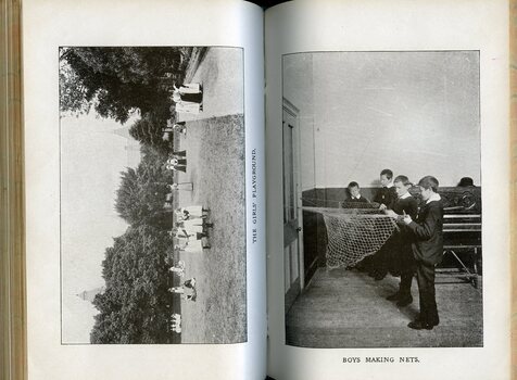 Photographs of the girls playground and boys making nets