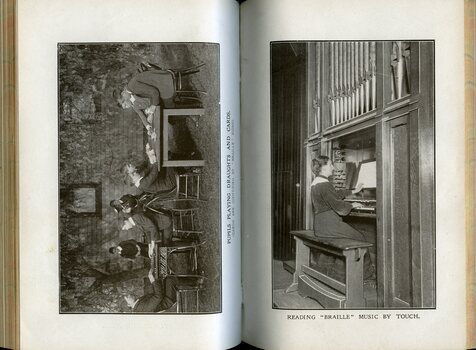 Pupils playing draughts and cards and a woman playing an organ using Braille music