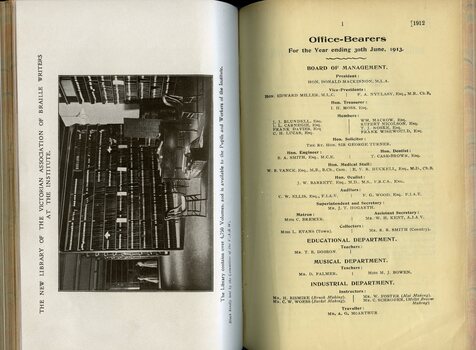 A shelf at the Victorian Association of Braille Writers library and the list of Office Bearers