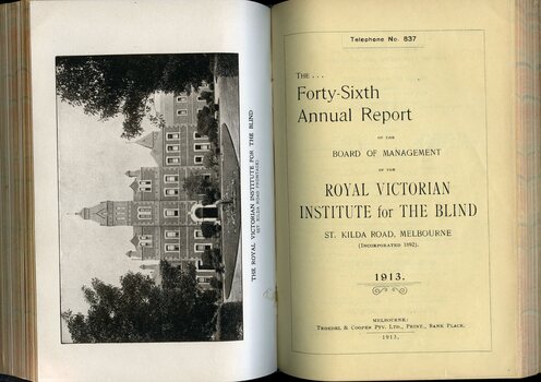 Photograph of St Kilda Road Building and front page of annual report for the RVIB