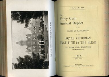 Photograph of St Kilda Road Building and front page of annual report for the RVIB