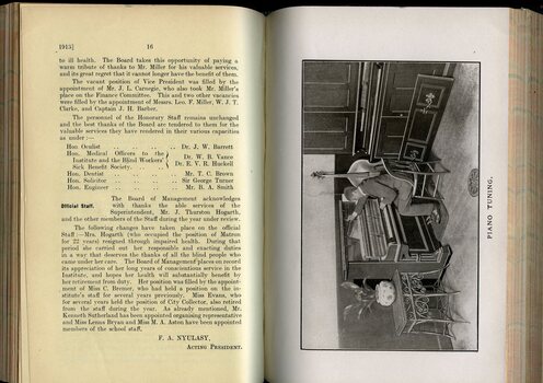 Board of Management report to public subscribers and photograph of man tuning a piano
