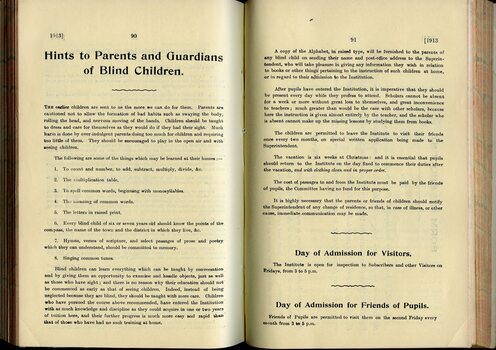 Hints to Parents and Guardians of Blind Children, Day of Admission for Visitors and Friends