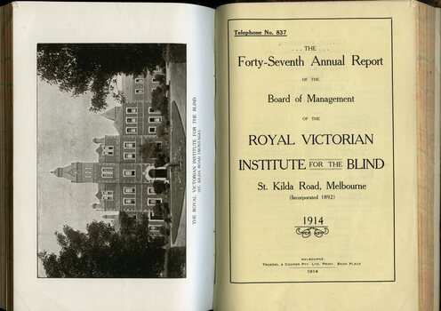 Photograph of St Kilda Road Building and front page of annual report for the RVIB
