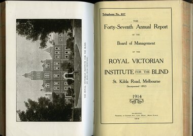 Photograph of St Kilda Road Building and front page of annual report for the RVIB