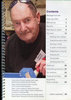 Contents page and photo of older man holding a paintbrush wearing a name badge