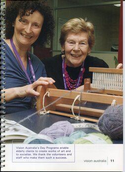 Staff member and day centre participant with a weaving machine