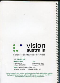 Vision Australia logo, address and other contact information as well as merger acknowledgement