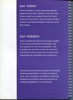 The vision and mission of Vision Australia Pty Ltd in white writing on a purple background