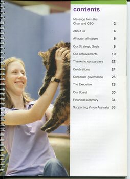 Contents page and image of woman holding a cat