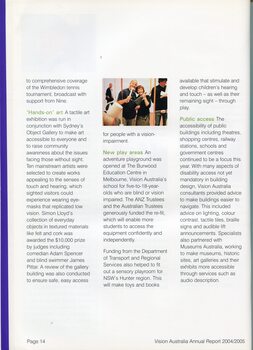 Information on tactile art exhibition, a new playground at Burwood and improving public access through signage, tactile tiles, colour choices and lighting
