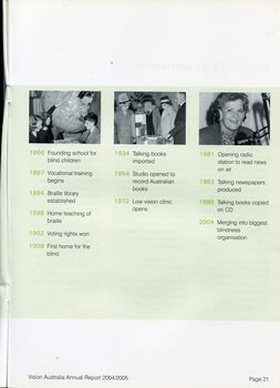 Images of school children feeling a tactile globe, people in the 1950s looking at a talking book machine and Hazel Hawke behind a microphone