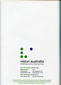 Vision Australia logo, address and other contact information as well as merger acknowledgement