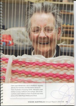 Jean McNamara using a weaving loom at the Day Centre in Kooyong