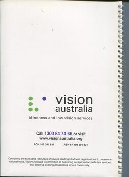 Vision Australia logo, address and other contact information as well as merger acknowledgement