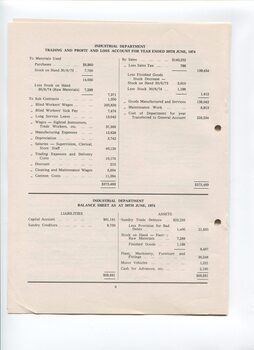 Industrial department profit and loss statement and balance sheet