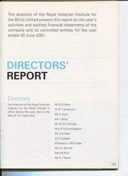 Director’s report including names of directors and significant changes