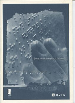 Fingers reading Braille and white writing on grey blue background