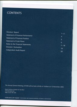 Contents page with white writing on blue background