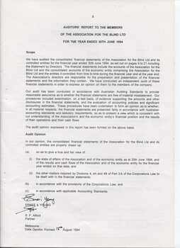 Auditors Report to the Association for the Blind Ltd